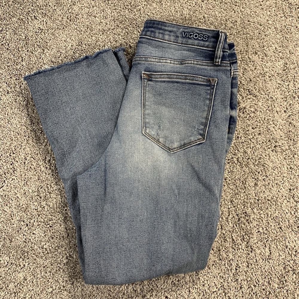 Vigoss Stevie Crop Straight Leg Jeans Womens 30 Blue Denim Distressed Button Fly - Picture 10 of 12